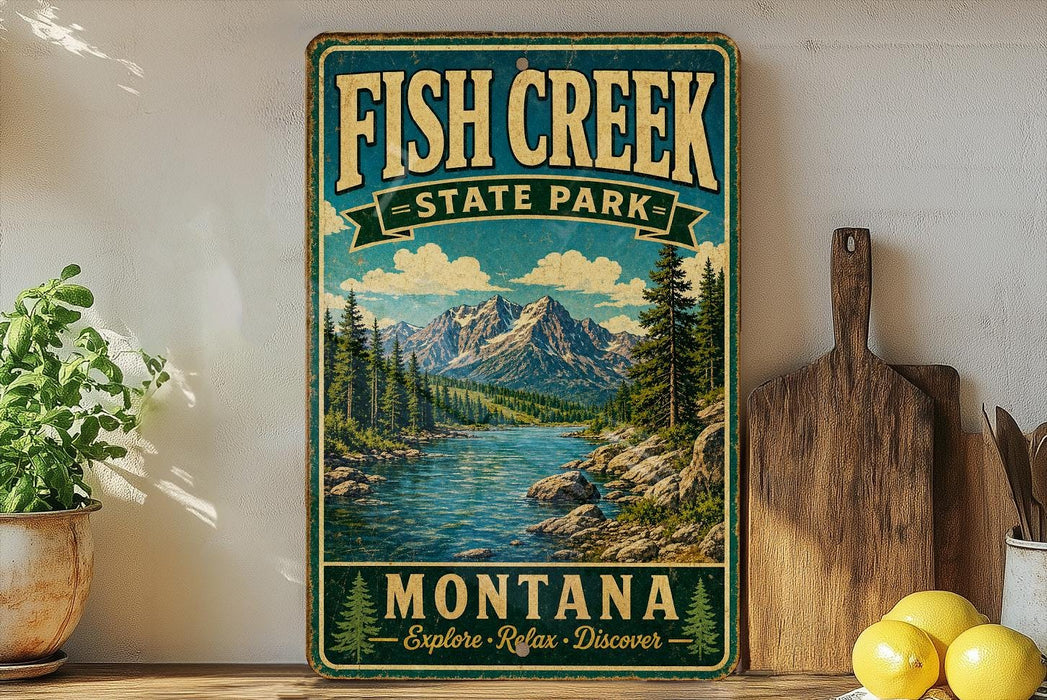 A vintage-style sign for Fish Creek State Park in Montana, featuring a scenic mountain landscape with a river and pine trees.