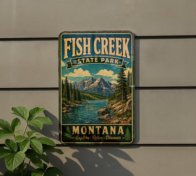 A vintage-style metal sign for Fish Creek State Park in Montana, featuring a scenic mountain landscape with a river and pine trees.
