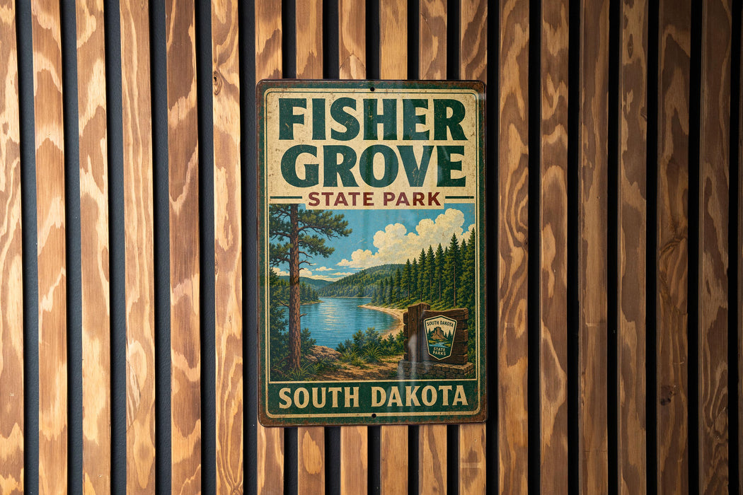 A vintage-style metal sign for Fisher Grove State Park in South Dakota, featuring a scenic landscape with pine trees, a lake, and mountains.