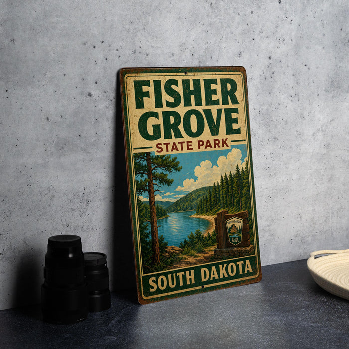 A vintage-style sign for Fisher Grove State Park in South Dakota, featuring a scenic landscape with pine trees, a lake, and mountains.