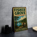 A vintage-style sign for Fisher Grove State Park in South Dakota, featuring a scenic landscape with pine trees, a lake, and mountains.