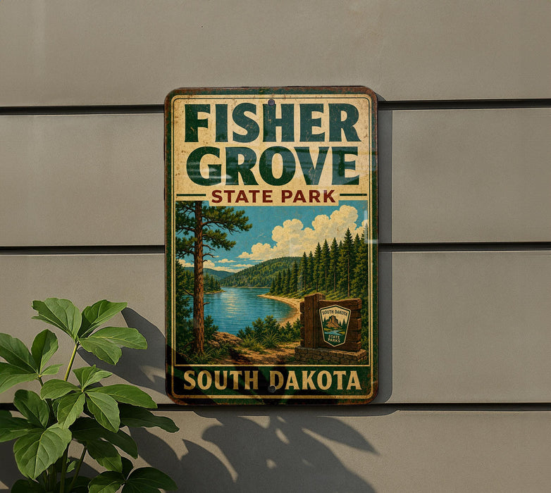 A vintage-style sign for Fisher Grove State Park in South Dakota, featuring a scenic landscape with a lake and pine trees.
