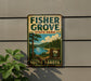 A vintage-style sign for Fisher Grove State Park in South Dakota, featuring a scenic landscape with a lake and pine trees.