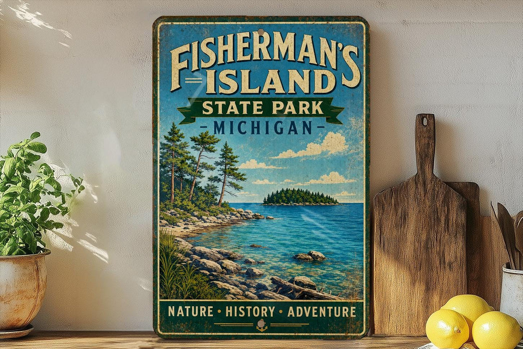 A vintage-style metal sign for Fisherman's Island State Park in Michigan, featuring a scenic landscape with a lake, mountains, and pine trees.