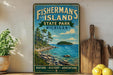 A vintage-style metal sign for Fisherman's Island State Park in Michigan, featuring a scenic landscape with a lake, mountains, and pine trees.
