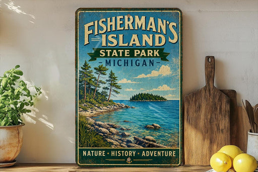 A vintage-style metal sign for Fisherman's Island State Park in Michigan, featuring a scenic landscape with a lake, mountains, and pine trees.