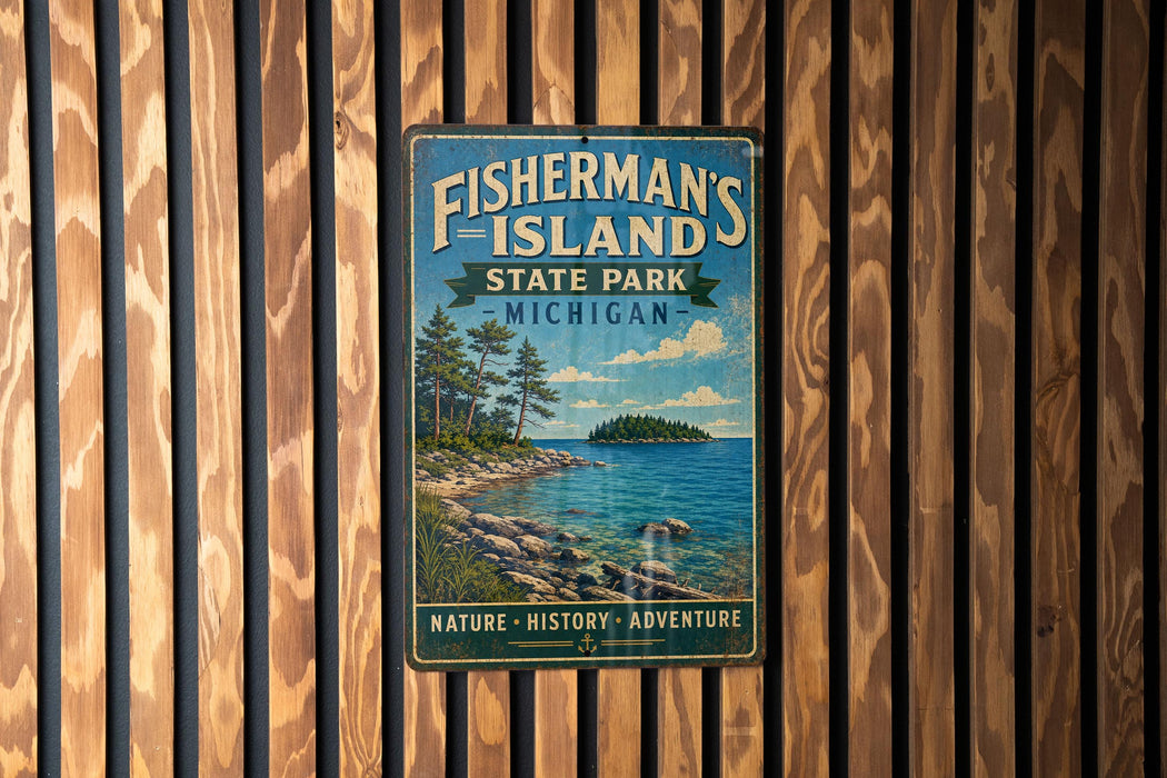 A vintage-style metal sign for Fisherman's Island State Park in Michigan, featuring a scenic image of the island and its surrounding landscape.