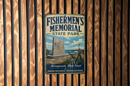 A vintage metal sign for Fishermen's Memorial State Park, featuring an illustration of a lighthouse and a monument, mounted on a wooden wall.