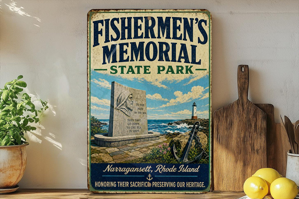 A vintage-style sign for Fishermen's Memorial State Park in Narragansett, Rhode Island, featuring a lighthouse, a monument, and a coastal scene.