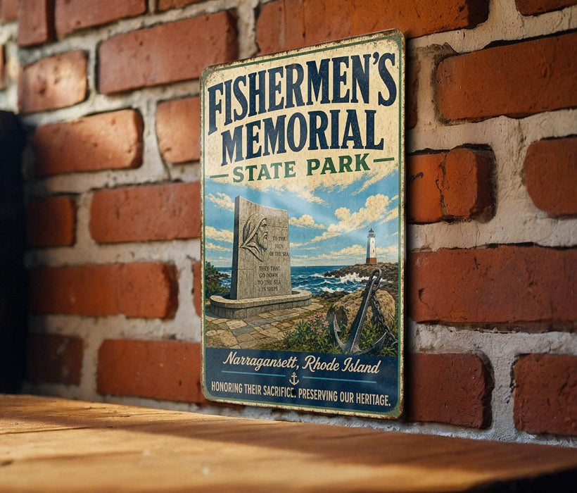 A vintage metal sign for Fishermen's Memorial State Park, featuring a lighthouse and a monument, mounted on a brick wall.