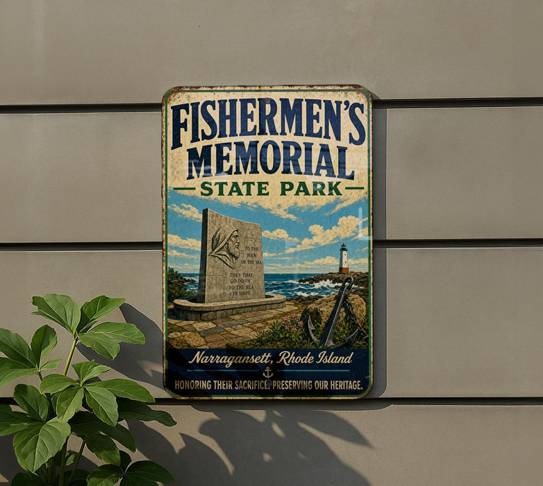 a sign for Fishermen's Memorial State Park, which is located in Narragansett, Rhode Island.