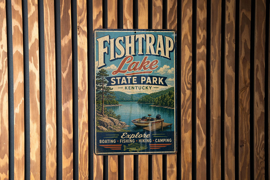 A vintage-style sign for Fish Trap Lake State Park in Kentucky, featuring a scenic illustration of a lake surrounded by mountains and a boat.