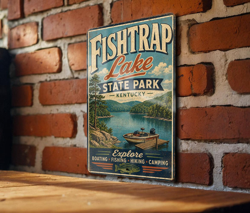 A vintage-style sign for Fish Trap Lake State Park in Kentucky, featuring a scenic illustration of a lake with a boat and mountains in the background.