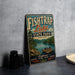 A vintage-style sign for Fish Trap Lake State Park in Kentucky, featuring a scenic illustration of a lake surrounded by mountains and a boat.