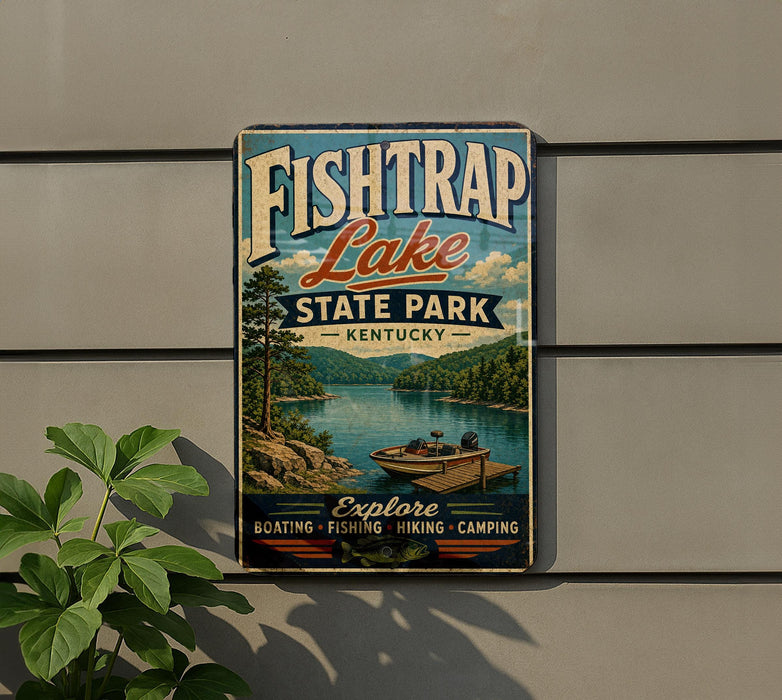 A vintage-style sign for Fish Trap Lake State Park in Kentucky, featuring a scenic image of a lake surrounded by mountains and a boat on the water.