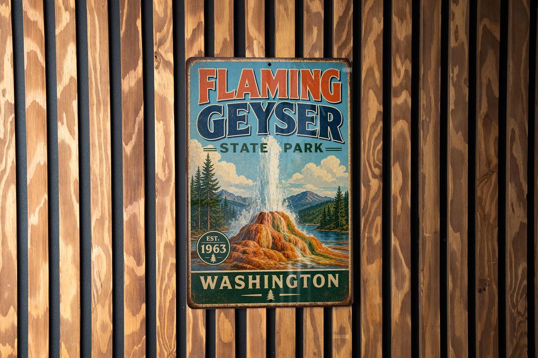 A vintage-style sign for Flaming Geyser State Park in Washington, featuring a scenic illustration of a geyser and mountains.