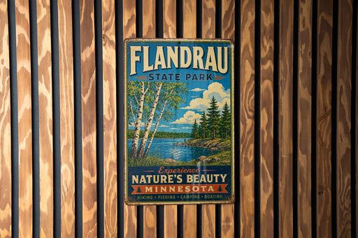 A vintage metal sign for Flandrau State Park, featuring a scenic image of a lake surrounded by trees and mountains.