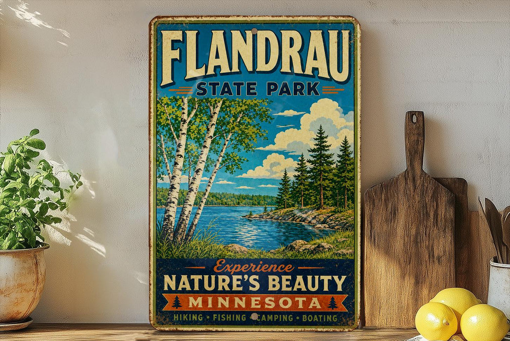 A vintage-style sign for Flandrau State Park in Minnesota, featuring a scenic landscape with birch trees, a lake, and mountains.
