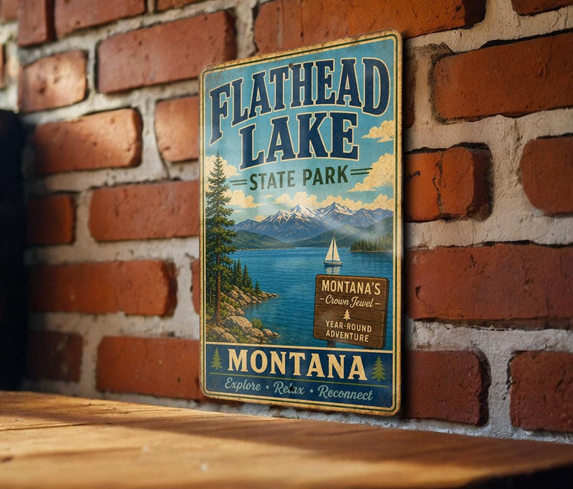 A vintage-style metal sign for Flathead Lake State Park, featuring a scenic landscape with mountains, a lake, and a sailboat.