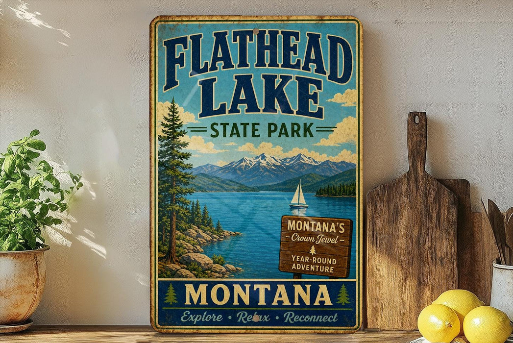 A vintage-style sign for Flathead Lake State Park in Montana, featuring a scenic landscape with mountains, a lake, and a sailboat.