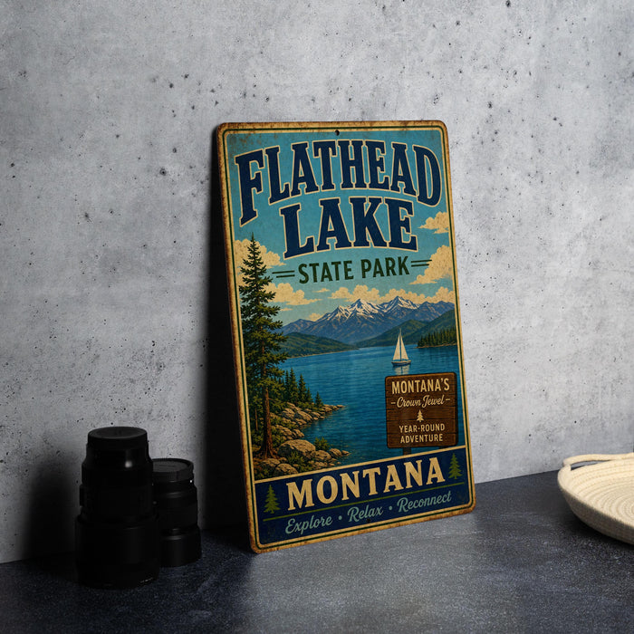 A vintage-style metal sign for Flathead Lake State Park, featuring a scenic landscape with mountains, a lake, and a sailboat.