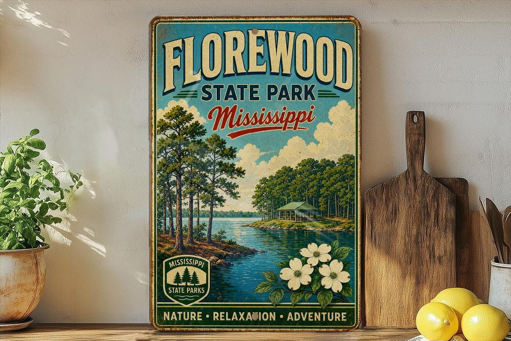 A vintage-style sign for Florewood State Park in Mississippi, featuring a scenic illustration of a lake surrounded by trees and a cabin.