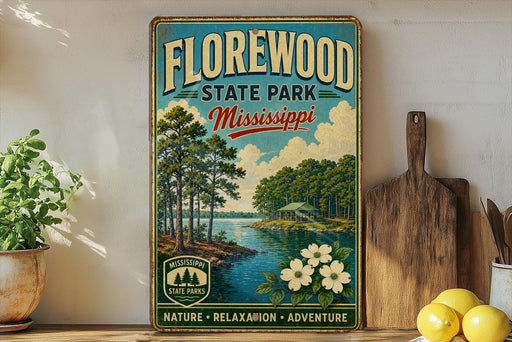 A vintage-style sign for Florewood State Park in Mississippi, featuring a scenic illustration of a lake surrounded by trees and a cabin.