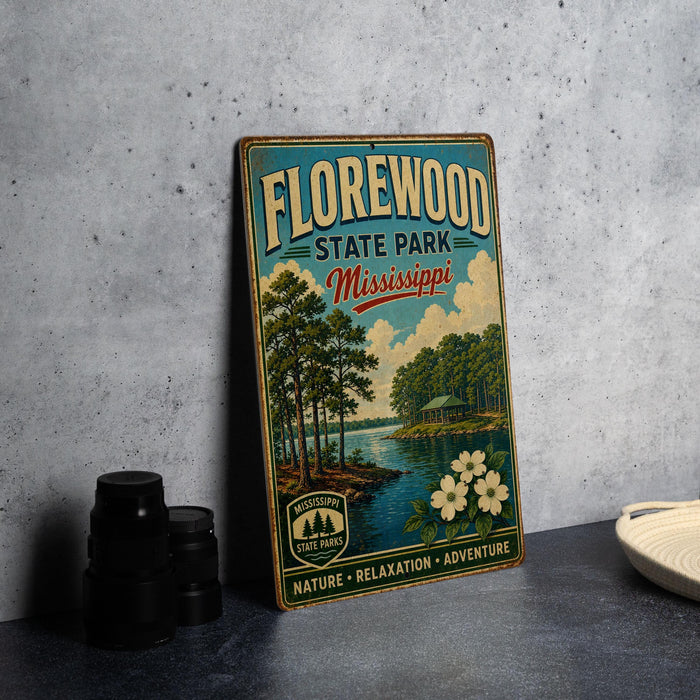 A vintage-style sign for Florewood State Park in Mississippi, featuring a scenic illustration of a lake, trees, and a cabin.