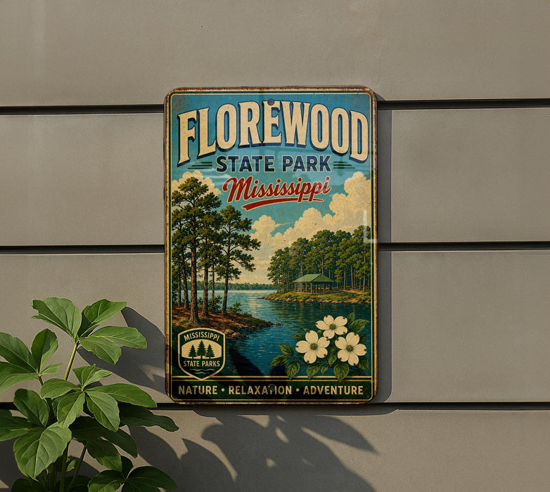 A vintage-style sign for Florewood State Park in Mississippi, featuring a scenic landscape with trees, a lake, and flowers.