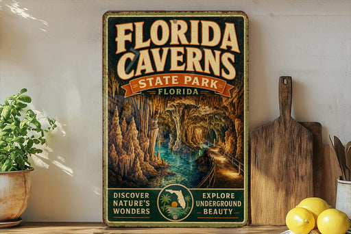 A vintage-style metal sign for Florida Caves State Park, featuring an illustration of the cave system and the text "FLORIDA CAVENS STATE PARK EXPLORE UNDERGROUND BEAUTY" in a warm color palette.