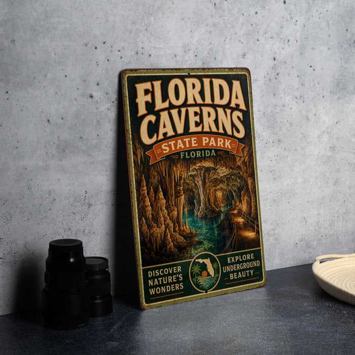 A vintage-style metal sign for Florida Caves State Park, featuring an illustration of the cave system and the text "FLORIDA CAVENS STATE PARK FLORIDA EXPLORE UNDERGROUND BEAUTY"