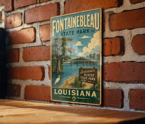 A vintage-style metal sign for Fountainbleau State Park in Louisiana, featuring a scenic illustration of the park's natural surroundings.