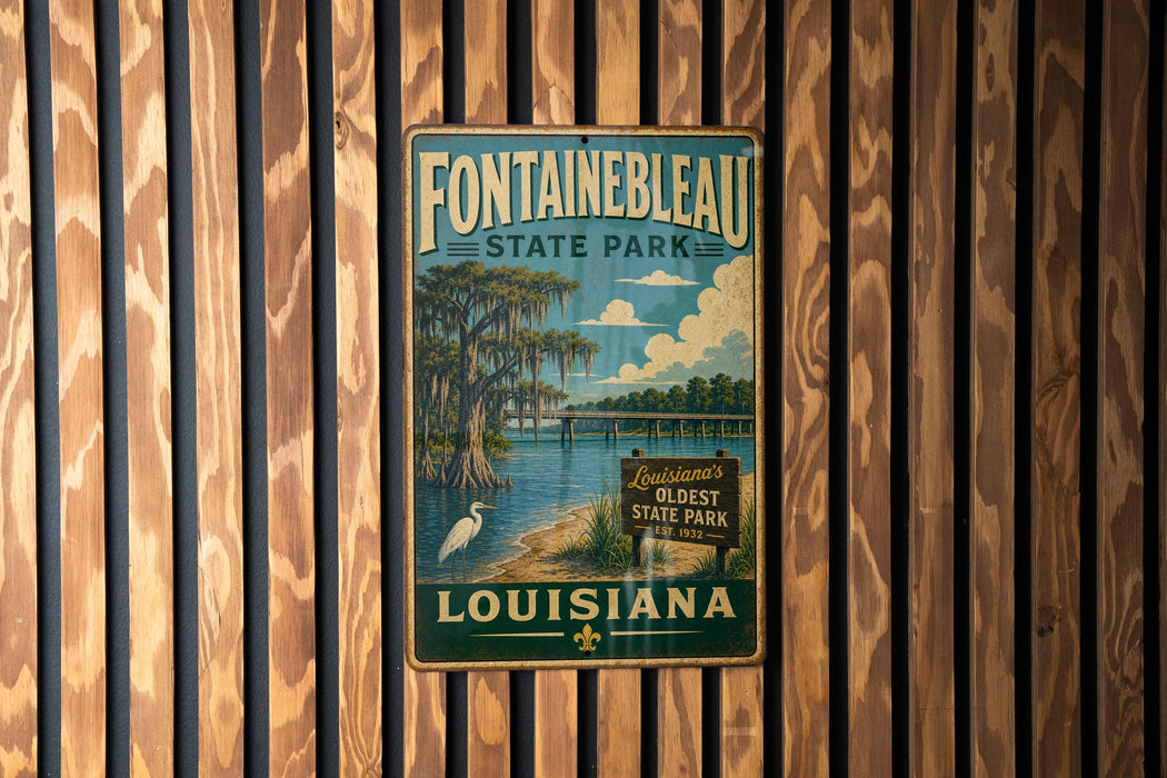A vintage-style metal sign for Fountainbleau State Park in Louisiana, featuring a scenic illustration of the park's natural surroundings.