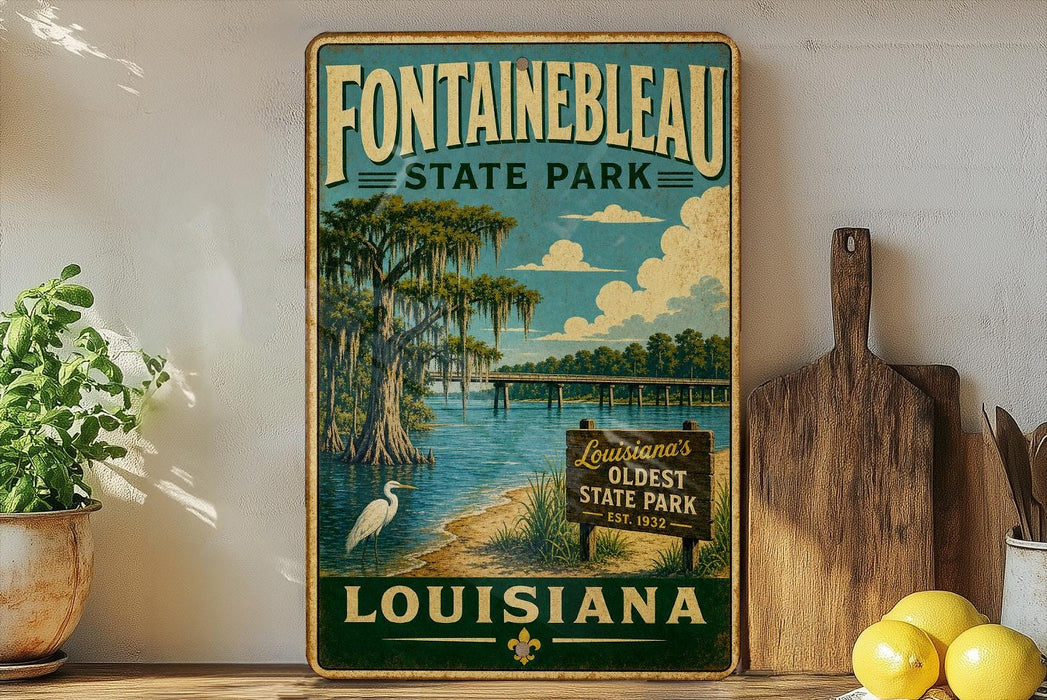 a vintage-style sign for Fountainbleau State Park in Louisiana, with a scenic illustration of a bay and a bird in the foreground.