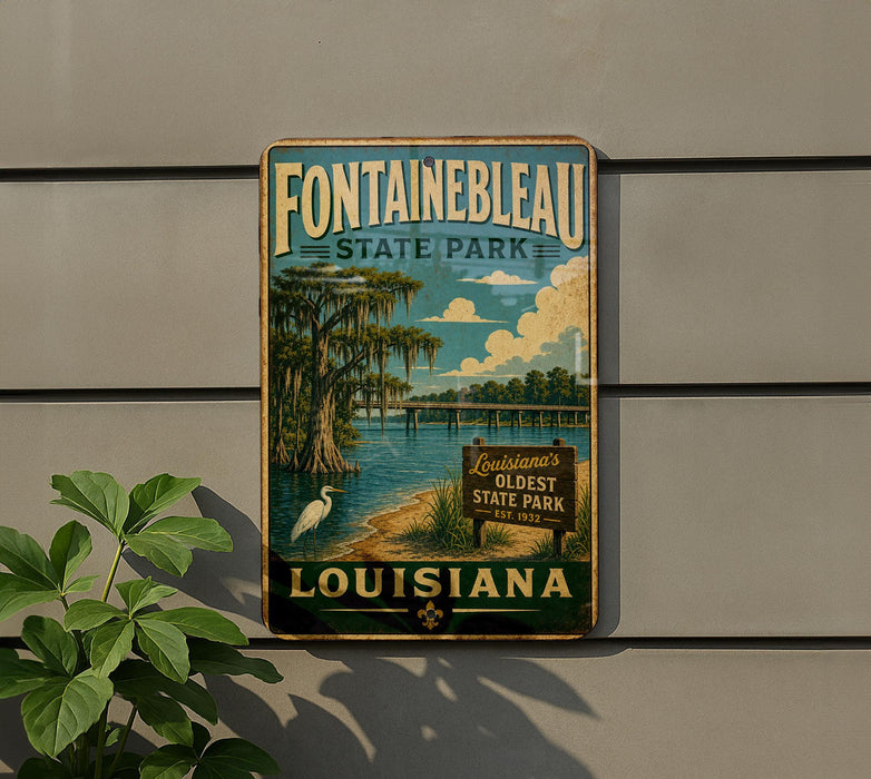 A vintage-style sign for Fountainbleau State Park in Louisiana, featuring a scenic illustration of the park's natural surroundings.