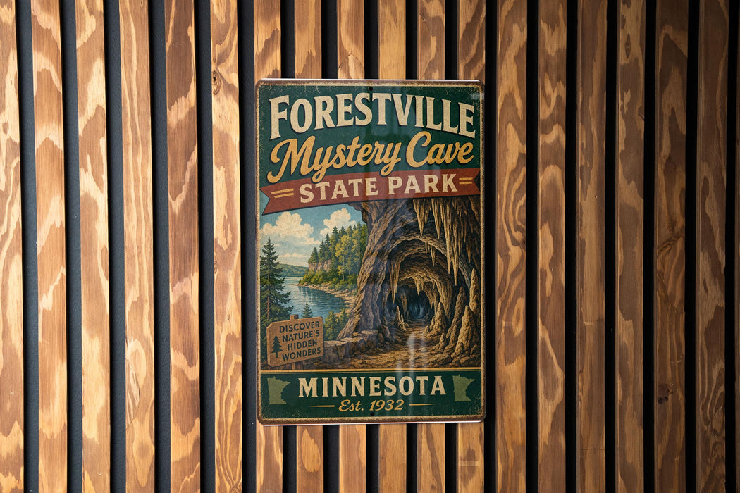 A vintage-style metal sign for the Forestville Mystery Cave State Park in Minnesota, featuring a scenic illustration of the cave and surrounding landscape.