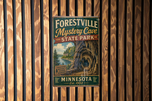 A vintage-style metal sign for the Forestville Mystery Cave State Park in Minnesota, featuring a scenic illustration of the cave and surrounding landscape.