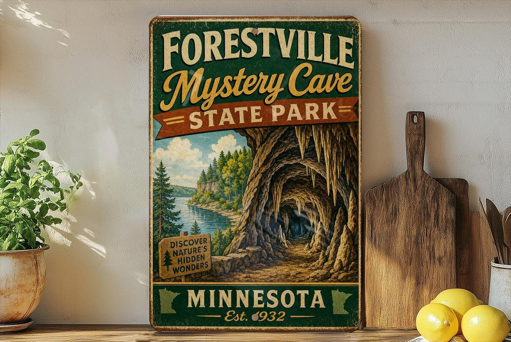 A vintage-style sign for Forestville Mystery Cave State Park in Minnesota, featuring a scenic illustration of the cave and surrounding landscape.