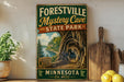 A vintage-style sign for Forestville Mystery Cave State Park in Minnesota, featuring a scenic illustration of the cave and surrounding landscape.