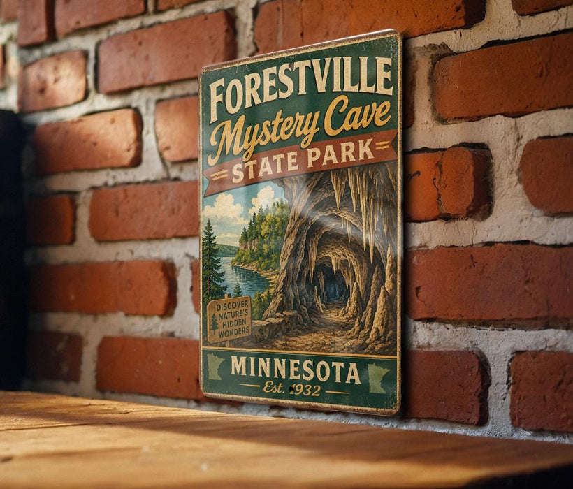 A vintage-style metal sign for the Forestville Mystery Cave State Park in Minnesota, featuring a scenic illustration of the cave and its surroundings.
