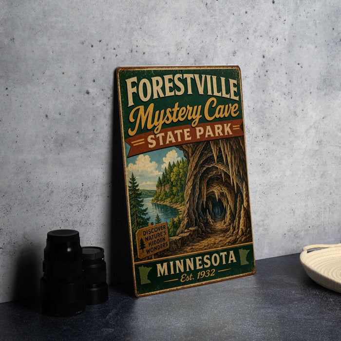 A vintage-style metal sign for the Forestville Mystery Cave State Park in Minnesota, featuring a scenic illustration of the cave and the park's name.