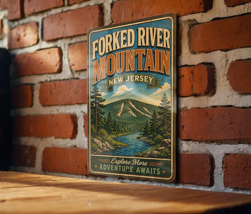 A vintage-style metal sign for the Forked River Mountain in New Jersey, featuring a scenic mountain landscape with a river and pine trees.