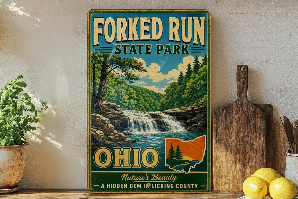 A vintage-style sign for Forked Run State Park in Ohio, featuring a scenic image of a waterfall surrounded by trees and mountains.