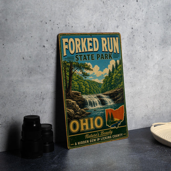 A vintage-style sign for Forked Run State Park in Ohio, featuring a scenic illustration of a waterfall and forest.