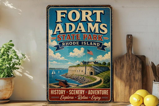 A vintage-style sign for Fort Adams State Park in Rhode Island, featuring a castle, boats, and a blue sky with clouds.
