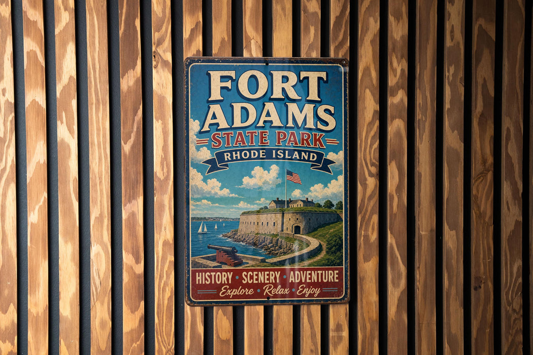 A vintage-style metal sign for Fort Adams State Park in Rhode Island, featuring a castle, boats, and a blue sky with clouds.