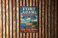 A vintage-style metal sign for Fort Adams State Park in Rhode Island, featuring a castle, boats, and a blue sky with clouds.
