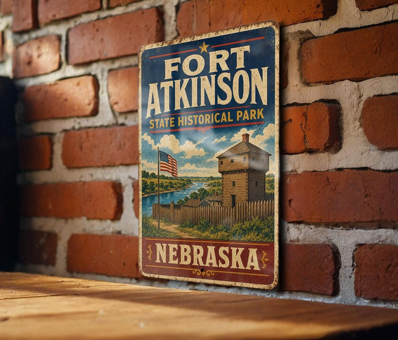 A vintage-style metal sign for Fort Atkinson State Historical Park in Nebraska, featuring an illustration of a historic fort and surrounding landscape.