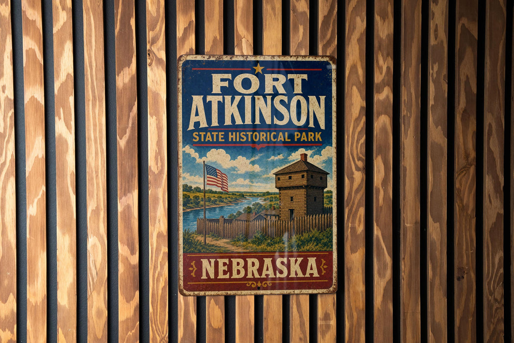 A vintage metal sign for Fort Atkinson State Historical Park in Nebraska, featuring an illustration of a historic fort and a river.