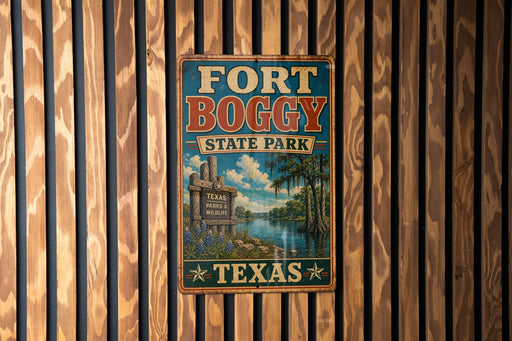 A vintage-style metal sign for Fort Boggby State Park in Texas, featuring a scenic illustration of the park's landscape.